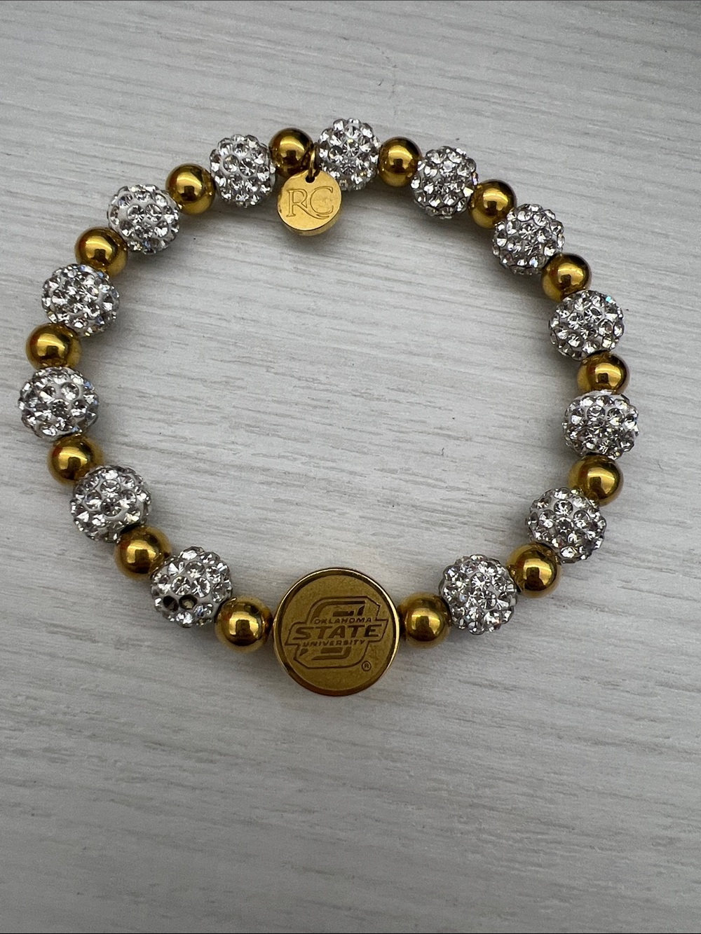 Rustic Cuff Gold and Silver Crystal Bead Stretch Bracelet with OSU logo